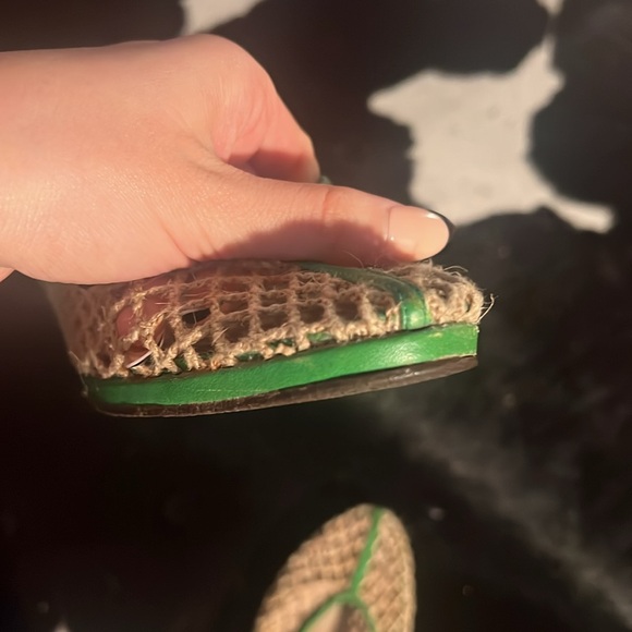 Vintage CHARLES JOURDAN Mesh Fishnet Raffia Slippers Wedge Flats Green Leather - Picture 12 of 16